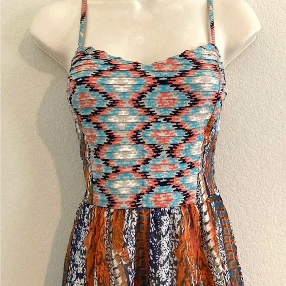 BAND OF GYPSIES | Orange and Blue Pleated Midi Sundress | Size S - Picture 2 of 4